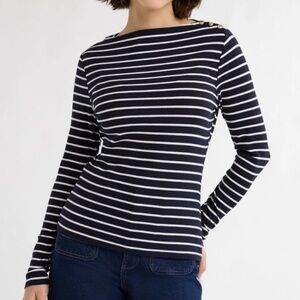 Free Assembly Navy & White Striped Boatneck Long-Sleeve Top Shoulder Buttons